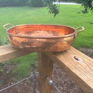 Vintage antique hammered copper jam pot with brass handles